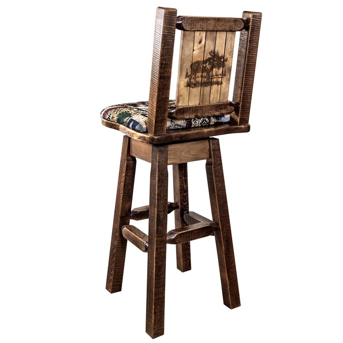 Homestead Barstool w/ Back, Swivel, Woodland Pattern Upholstery & Laser Engraved Moose Design Thumbnail