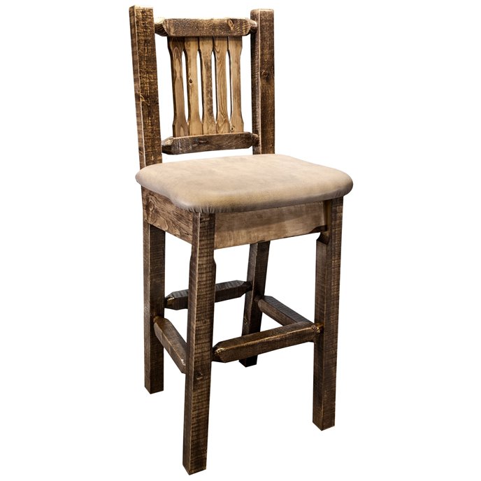 Homestead Barstool w/ Back & Upholstered Seat in Buckskin Pattern- Stain & Clear Lacquer Finish Thumbnail