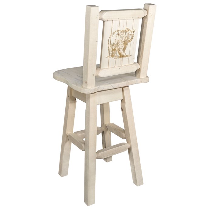 Homestead Barstool w/ Back, Swivel & Laser Engraved Bear Design - Clear Lacquer Finish Thumbnail