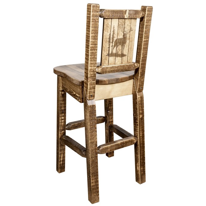 Homestead Barstool w/ Back & Laser Engraved Elk Design - Stain & Lacquer Finish Thumbnail