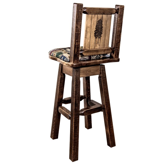 Homestead Barstool w/ Back, Swivel, Woodland Pattern Upholstery & Laser Engraved Pine Tree Design Thumbnail