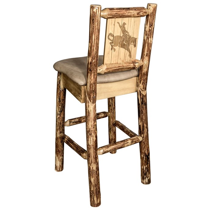 Glacier Counter Height Barstool w/ Back, Buckskin Upholstery & Laser Engraved Bronc Design Thumbnail