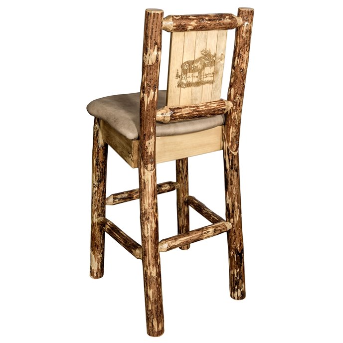 Glacier Counter Height Barstool w/ Back, Buckskin Upholstery & Laser Engraved Moose Design Thumbnail