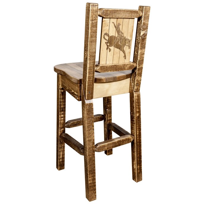 Homestead Barstool w/ Back & Laser Engraved Bronc Design - Stain & Lacquer Finish Thumbnail