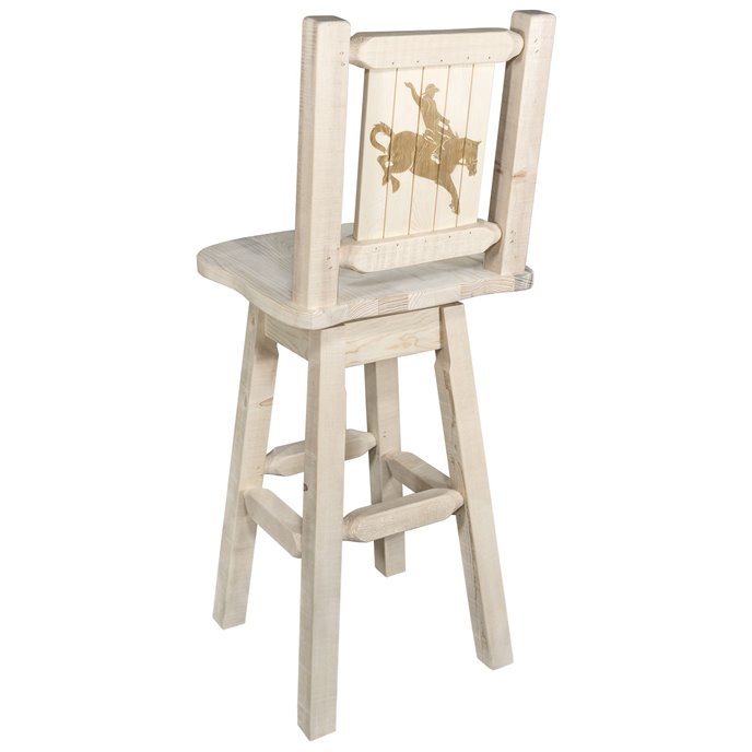 Homestead Barstool w/ Back, Swivel, & Laser Engraved Bronc Design - Clear Lacquer Finish Thumbnail