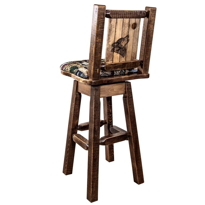 Homestead Barstool w/ Back, Swivel, Woodland Pattern Upholstery & Laser Engraved Wolf Design Thumbnail