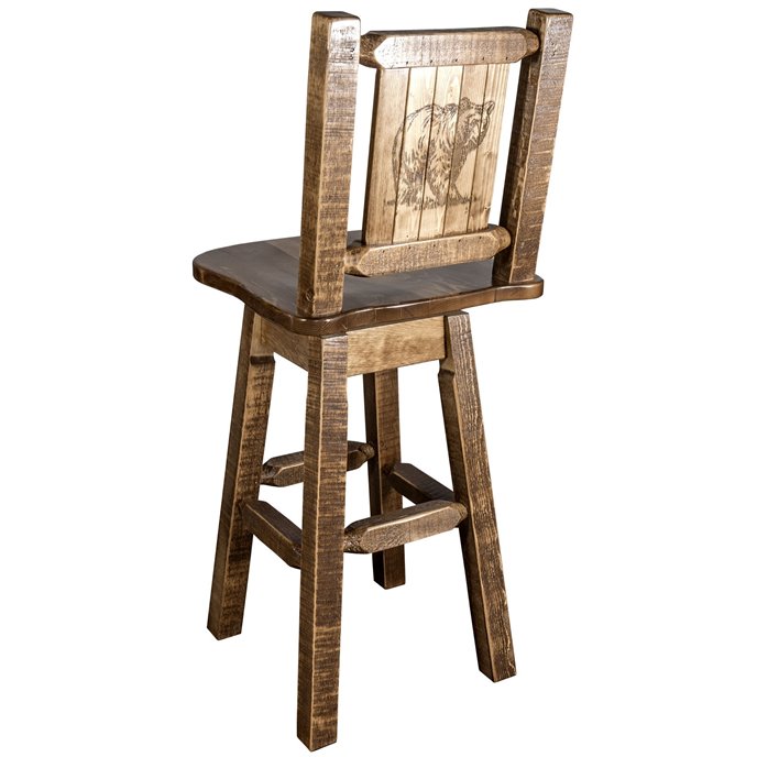 Homestead Barstool w/ Back, Swivel & Laser Engraved Bear Design - Stain & Lacquer Finish Thumbnail