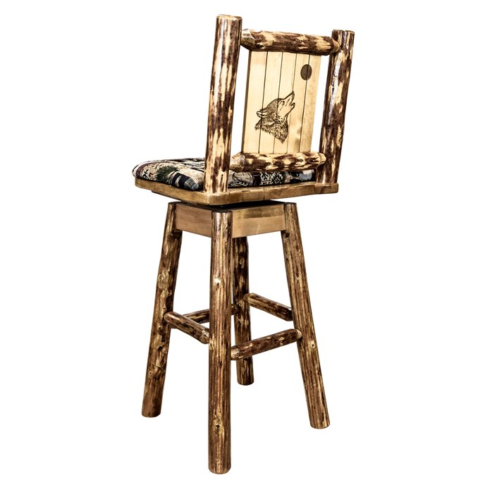 Glacier Counter Height Barstool w/ Back, Swivel, Woodland Upholstery & Laser Engraved Wolf Design Thumbnail