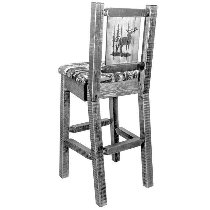 Homestead Barstool w/ Back, Woodland Upholstery Seat & Laser Engraved Elk Design - Clear Lacquer Finish Thumbnail