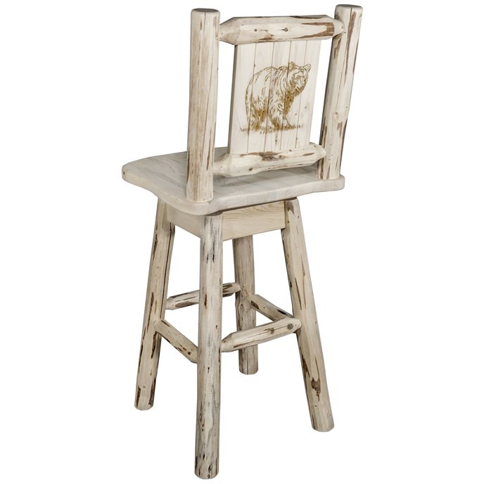 Montana Counter Height Barstool w/ Back, Swivel, & Laser Engraved Bear Design - Clear Lacquer Finish Thumbnail