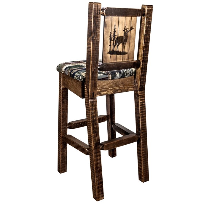 Homestead Barstool w/ Back, Woodland Upholstery Seat & Laser Engraved Elk Design - Stain & Lacquer Finish Thumbnail