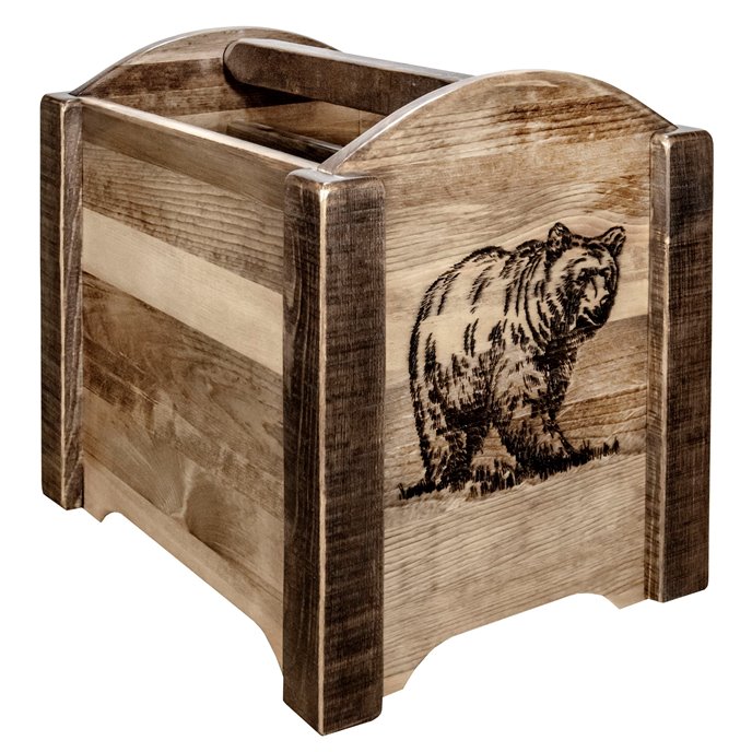 Homestead Magazine Rack w/ Laser Engraved Bear Design - Stain & Clear Lacquer Finish Thumbnail