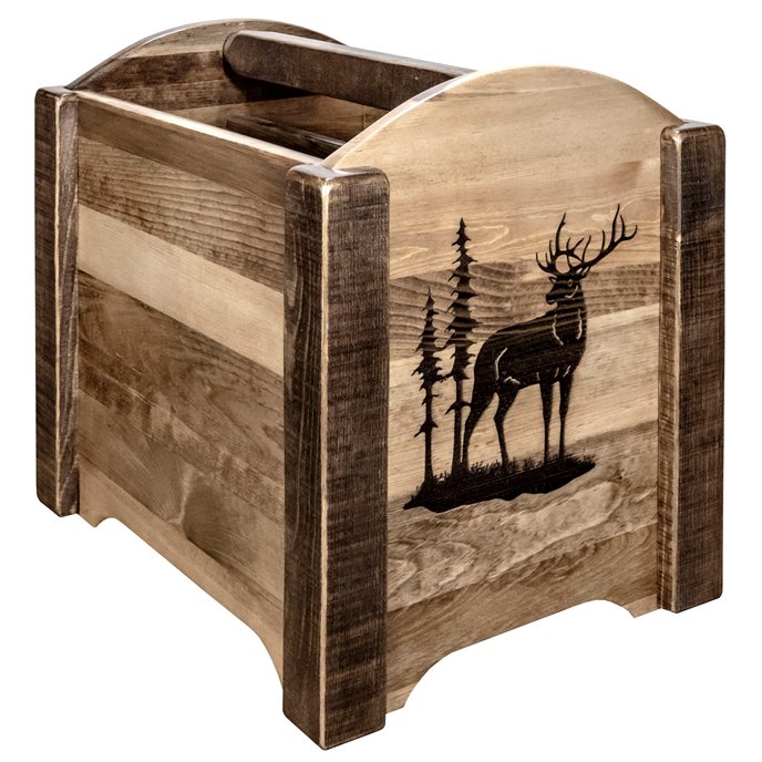 Homestead Magazine Rack w/ Laser Engraved Elk Design - Stain & Clear Lacquer Finish Thumbnail