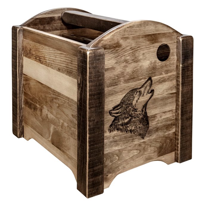 Homestead Magazine Rack w/ Laser Engraved Wolf Design - Stain & Clear Lacquer Finish Thumbnail