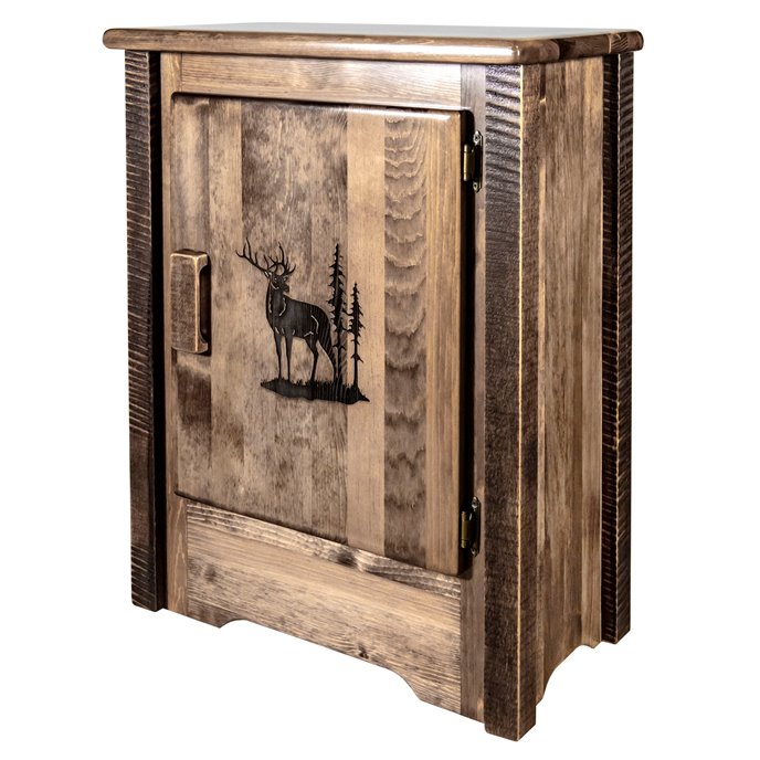 Homestead Right Hinged Accent Cabinet w/ Laser Engraved Elk Design - Stain & Clear Lacquer Finish Thumbnail