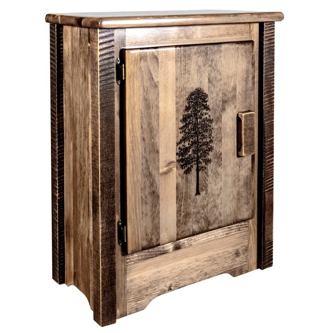 Homestead Left Hinged Accent Cabinet w/ Laser Engraved Pine Design - Stain & Clear Lacquer Finish Thumbnail