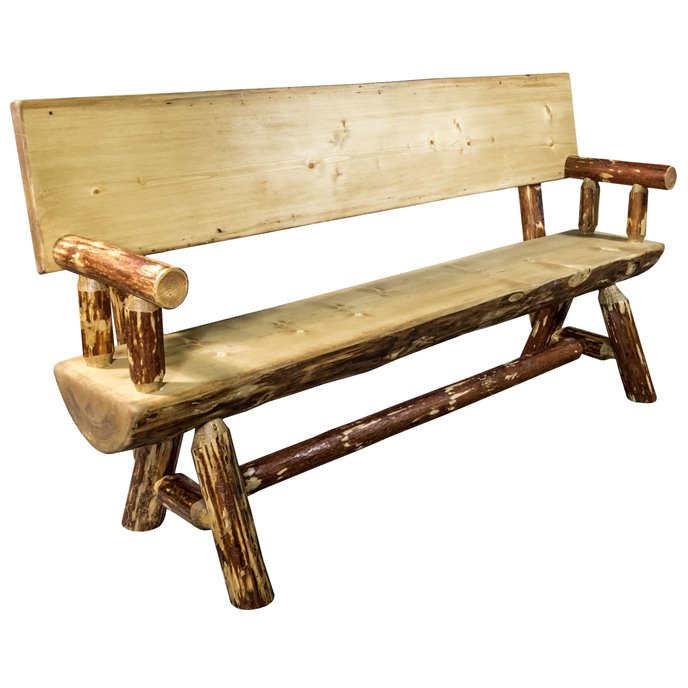 Glacier 6 Foot Half Log Bench w/ Back & Arms - Exterior Stain Finish Thumbnail