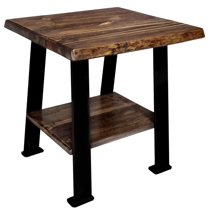 Big Sky Live Edge End Table w/ Shelf, Blackstone Series Forged Iron Legs - Provincial Stain & Clear Lacquer Finish Thumbnail