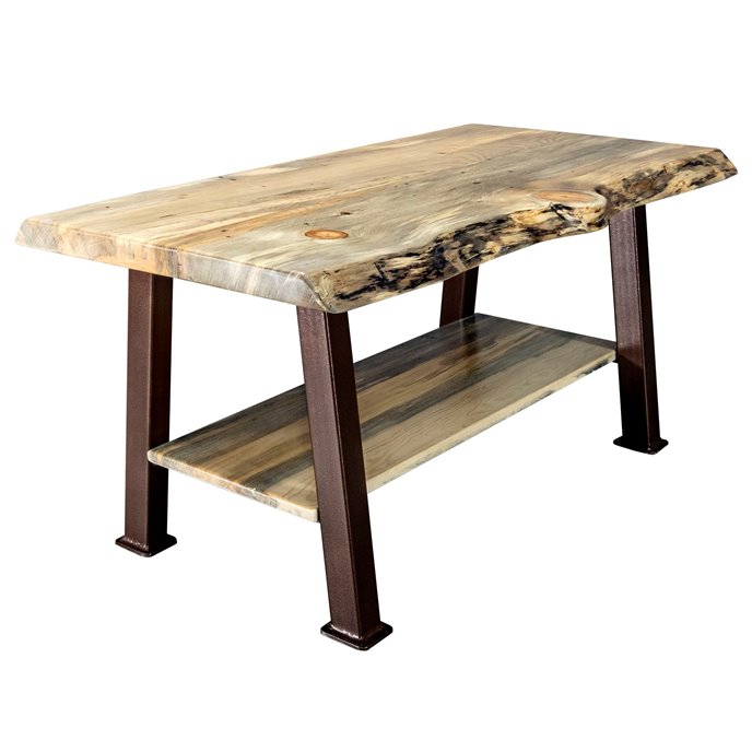 Big Sky Live Edge Coffee Table w/ Shelf, Copper Creek Series Forged Iron Legs - Natural Clear Lacquer Finish Thumbnail