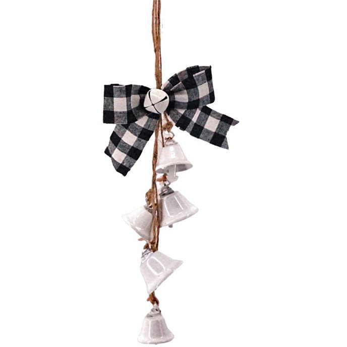 Hanging White Bells with Black & White Bow Ornament 7"H Thumbnail