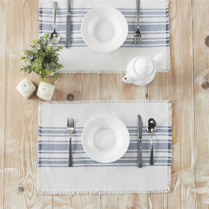 Antique White Stripe Blue Indoor/Outdoor Placemat Set of 6 13x19 Thumbnail