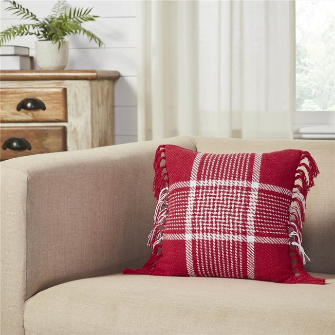 Eston Red White Plaid Pillow Fringed 12x12 Thumbnail