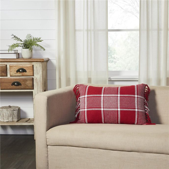 Eston Red White Plaid Pillow Fringed 14x22 Thumbnail