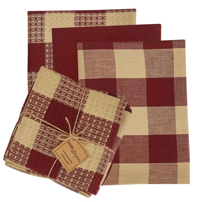 Wicklow Check 3 Dishtowel/1 Dishcloth Set - Garnet Thumbnail