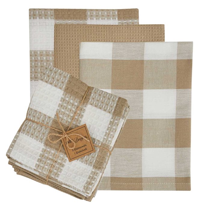 Wicklow Check 3 Dishtowel/1 Dishcloth Set - Natural Thumbnail