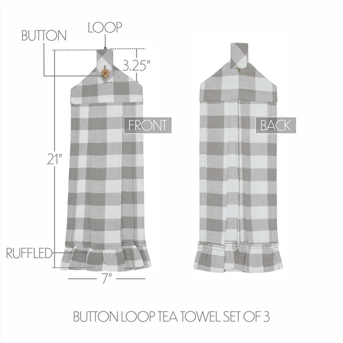 Annie Buffalo Check Grey Button Loop Tea Towel Set of 3 Thumbnail