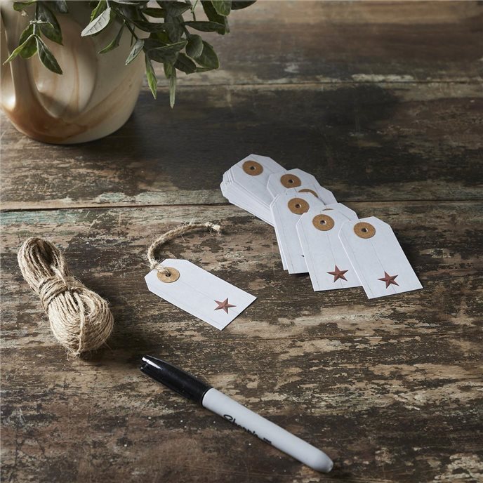 Faceted Barn Star Barnwood Paper Tag Barn Red 2.75x1.5 w/ Twine Set of 50 Thumbnail