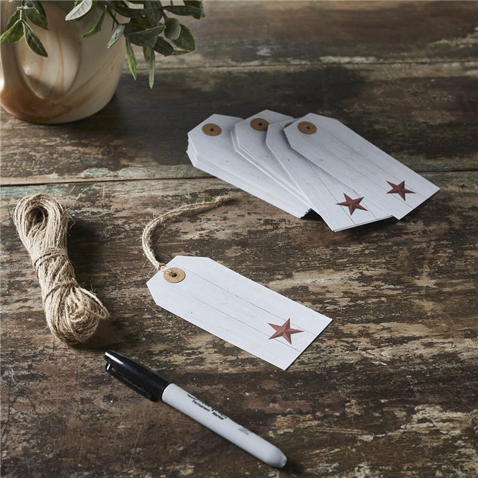 Faceted Barn Star Barnwood Paper Tag Barn Red 4.75x2.25 w/ Twine Set of 50 Thumbnail