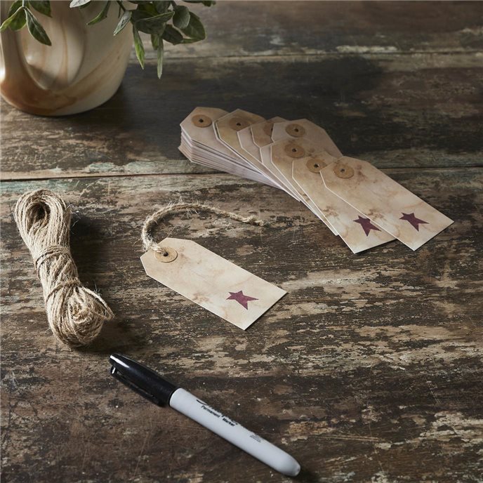 Primitive Star Tea Stained Paper Tag Burgundy 3.75x1.75 w/ Twine Set of 50 Thumbnail