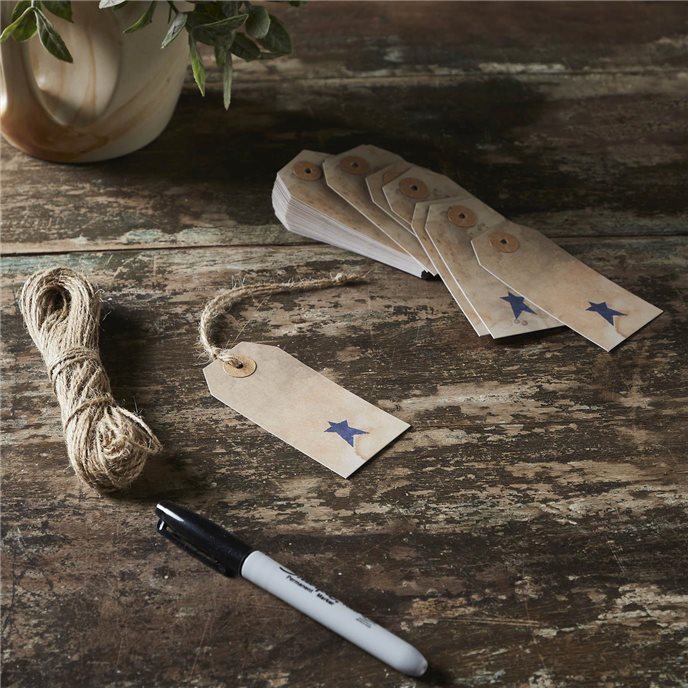 Primitive Star Tea Stained Paper Tag Navy 3.75x1.75 w/ Twine Set of 50 Thumbnail