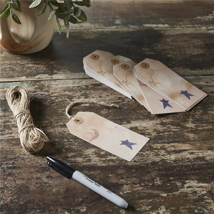 Primitive Star Tea Stained Paper Tag Navy 4.75x2.25 w/ Twine Set of 50 Thumbnail