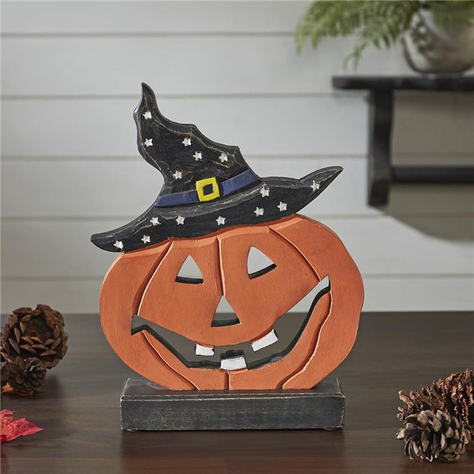 Jack O' Lantern w/ Witch Hat Wood Decor 10x8x2 Thumbnail