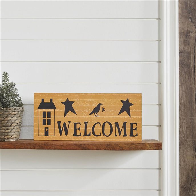 Prim Stars w/ Raven Saltbox House Mustard Base Welcome MDF Sign 7x16 Thumbnail