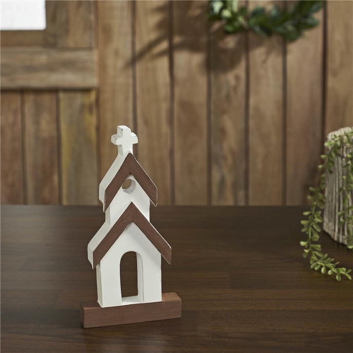 Brown Roof White Church Wooden Figurine 8x4x1 Thumbnail