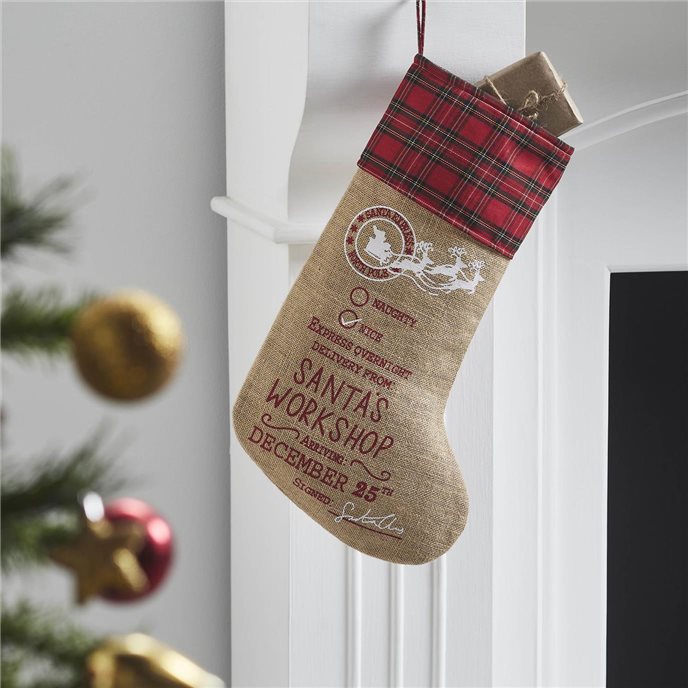 Burlap Natural Jute Plaid Santa's Workshop Stocking 12x20 Thumbnail