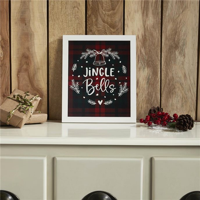 Jingle Bells Wreath Plaid Framed Wall Hanging Sign 12x10 Thumbnail