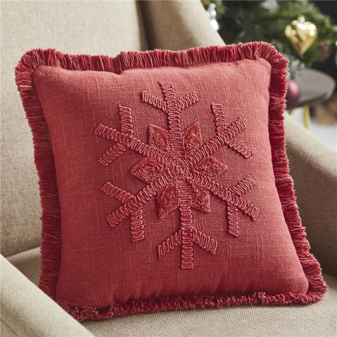 Red Snowflake Stone Washed Fringed Pillow 12x12 Thumbnail