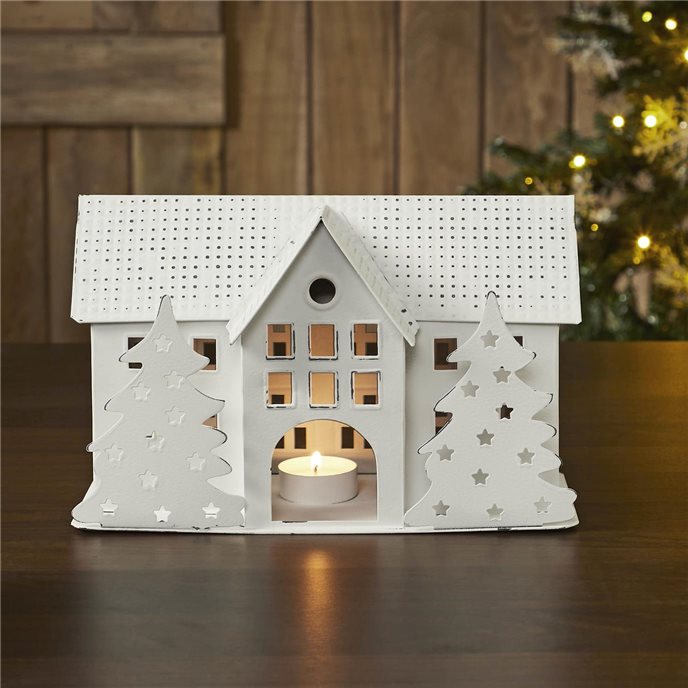 Tealight Holder Metal Village House B Antique White 6.75x10.5x5.5 Thumbnail