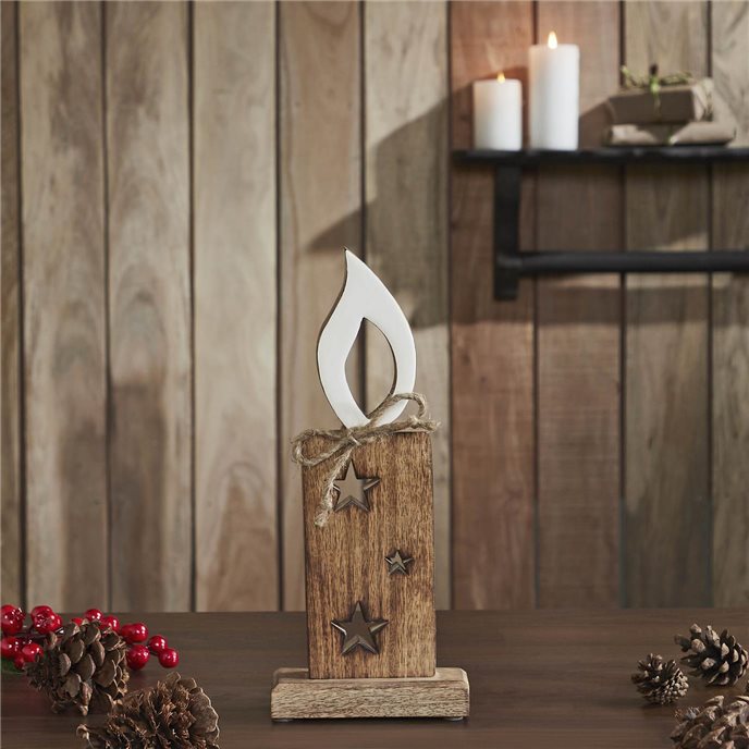 White Flame Natural Candle w/ Stars Wooden Figurine 12x5x2 Thumbnail