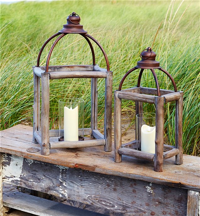 Rustic Wood Log and Antique Metal Lantern with Glass Hurricane (Set of 2) Thumbnail