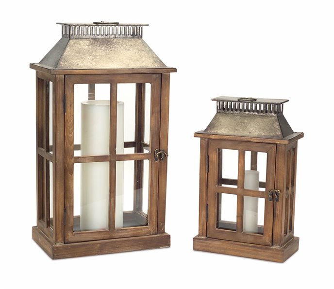 Rustic Wood Floor Lantern with Galvanized Metal Lid (Set of 2) Thumbnail