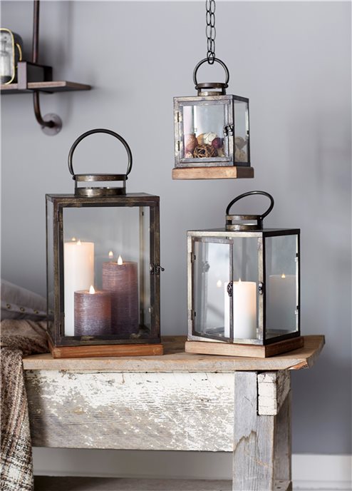 Metal Box Lantern with Wood Base (Set of 3) Thumbnail