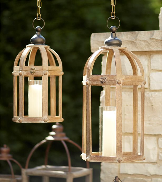 Open Wood Lantern with Glass Hurricane (Set of 2) Thumbnail