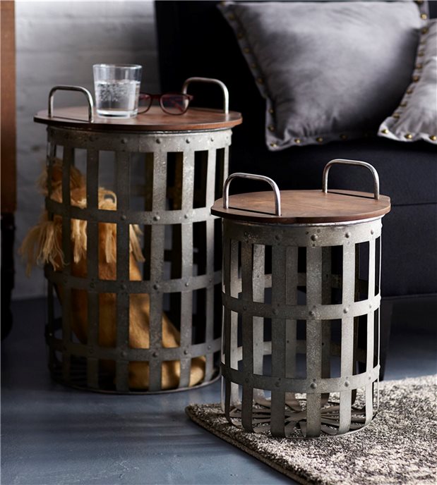 Metal and Wood Side Basket Tables (Set of 2) Thumbnail