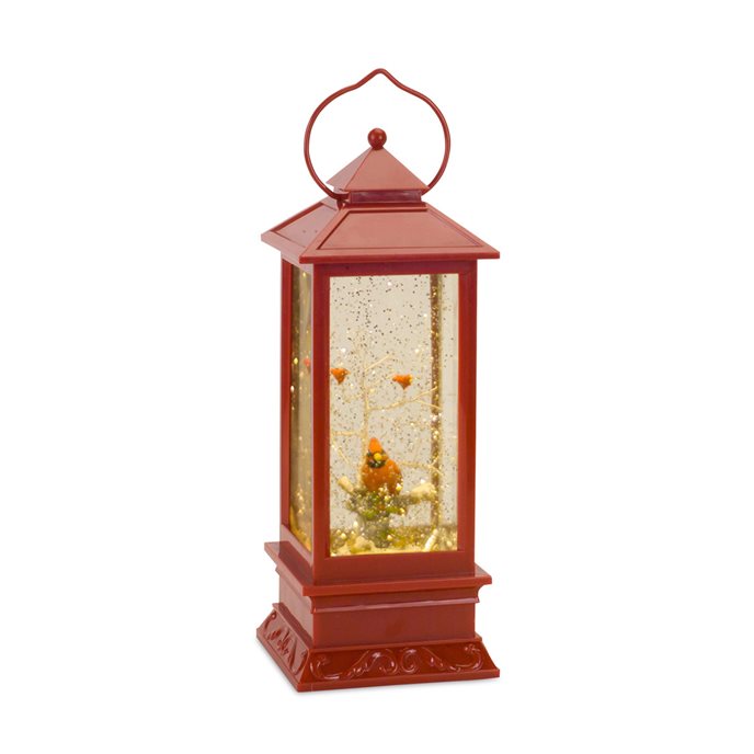 LED Snow Globe Lantern with Snowy Cardinals on Branch 11"H Thumbnail