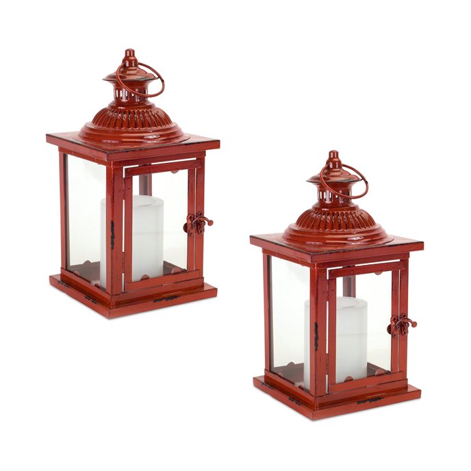 Antique Style Red Metal Lantern (Set of 2) Thumbnail